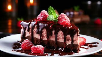 indulgente gastrónomo chocolate tarta de queso con Fresco frambuesa ai generativo foto