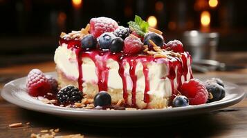 Indulgent berry cheesecake slice on wood table AI Generative photo