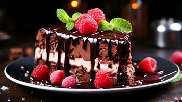 Indulgent gourmet chocolate cheesecake with fresh raspberry AI Generative photo
