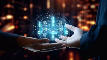 a photo of Close up of businessman hands holding global network concept. 3D rendering technology Generative AI