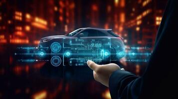 a image of Close up of businessman hands holding global network car shape concept. 3D rendering technology Generative AI photo