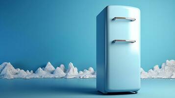 un foto de azul refrigerador en un azul antecedentes con ventisquero. 3d representación profundo congelador, refrigerador generativo ai