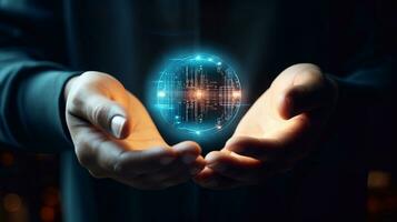 Close up of businessman hands holding global network concept. 3D rendering technology Generative AI photo