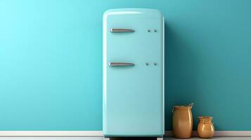 un imagen de azul refrigerador en un azul antecedentes con ventisquero. 3d representación profundo congelador, refrigerador generativo ai foto