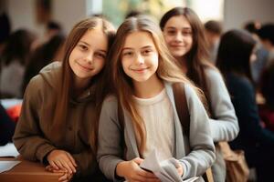 un imagen de grupo de contento adolescente muchachas estudiando juntos a escuela. educación concepto. gracioso grupo de clase generativo ai foto