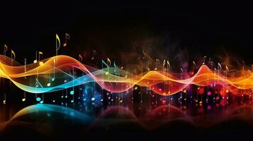 a picture of abstract music background with notes and bokeh lights, illustration music icon song time wavy shape Generative AI photo