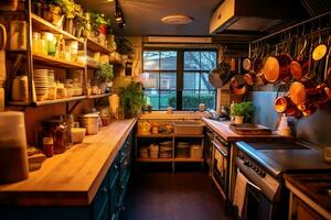 Inside clean kitchen of a modern restaurant or mini cafe with cooking utensils and small bar counter concept by AI Generated photo