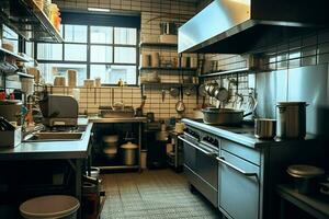 Inside clean kitchen of a modern restaurant or mini cafe with cooking utensils and small bar counter concept by AI Generated photo