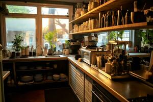 Inside clean kitchen of a modern restaurant or mini cafe with cooking utensils and small bar counter concept by AI Generated photo