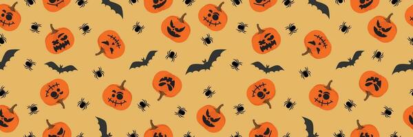 Happy Halloween with pumpkins, bat and spider. Seamless pattern. Vector illustration. Vector