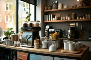 Inside clean kitchen of a modern restaurant or mini cafe with cooking utensils and small bar counter concept by AI Generated photo