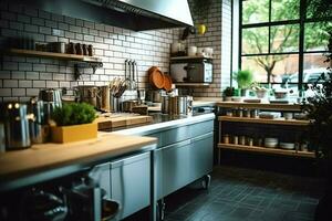 Inside clean kitchen of a modern restaurant or mini cafe with cooking utensils and small bar counter concept by AI Generated photo