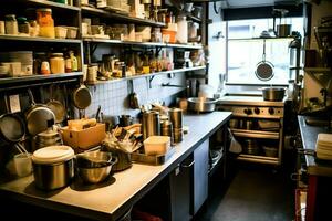 Inside clean kitchen of a modern restaurant or mini cafe with cooking utensils and small bar counter concept by AI Generated photo