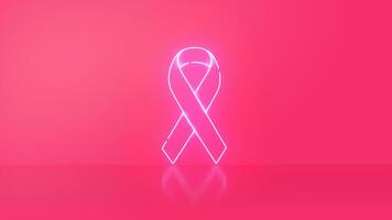 Pink ribbon breast cancer on pink background. Neon Light. photo