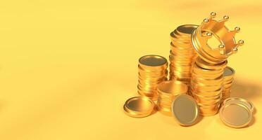 Stack of golden coins with a crown. Finance and investment concept. King money icon symbol. 3D rendering photo