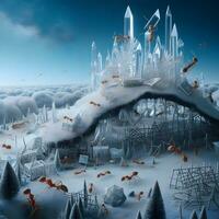 Crystalized Anthives, A World Where Ingenious Ants Craft Architectural Marvels with Ice. AI Generated photo