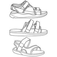 Strap sandals outline drawing vector, strap sandals drawn in a sketch style, bundling strap sandals template outline, vector Illustration.