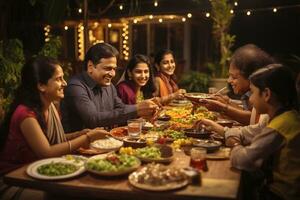 un foto de indio familia teniendo cena juntos a hogar en el noche, India en bokeh antecedentes generativo ai