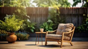 a image of Chairs And Umbrella In The Garden. 3d Rendering very important person place Generative AI photo