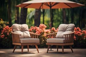 a image of Wooden table and chairs in the garden. couple special sitting in park Generative AI photo