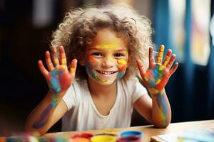 a picture of Portrait of cute little girl showing her hands painted in bright colors artwork and artist table Generative AI photo