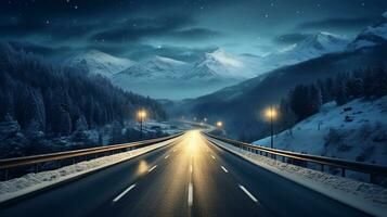 a photo of Asphalt road through the snowy mountains at night. 3d rendering Generative AI