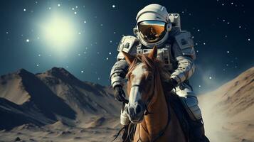 Astronaut riding a horse in the desert. 3d rendering The man saw a light behind him on the Moon with stars in the background Generative AI photo