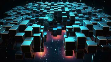 a photo of Abstract 3d rendering of chaotic cubes in space. Futuristic background design. Generative AI