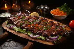 a photo of Grilled meat kebab with vegetables on a wooden board. Generative AI