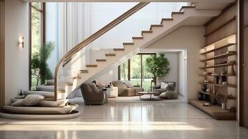 a image of Luxury interior design of living room with stairs. 3D rendering Generative AI photo