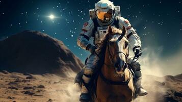 Astronaut riding a horse in the desert. 3d rendering a man riding horse in desert The man saw a light behind him on the Moon with stars in the background Generative AI photo