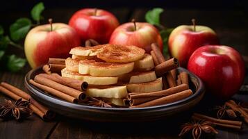 a photo of Bowl with cinnamon sticks, apples and spices on dark wooden background Generative AI