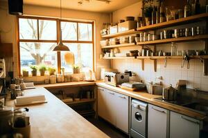 Inside clean kitchen of a modern restaurant or mini cafe with cooking utensils and small bar counter concept by AI Generated photo