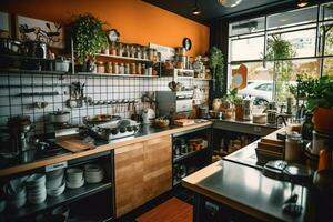 dentro limpiar cocina de un moderno restaurante o mini café con Cocinando utensilios y pequeño bar mostrador concepto por ai generado foto