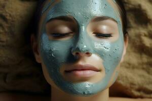 Young happy woman making facial massage with organic face scrub. Generative Ai. photo