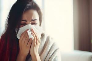Young woman got nose allergy. Flu Concept. Generative Ai. photo