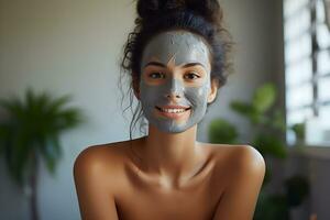 Young happy woman making facial massage with organic face scrub. Generative Ai. photo