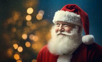 Happy old Santa Claus wearing hat on the Christmas eve. Generative Ai. photo