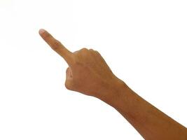 Man pointing at something on white background, closeup of hand photo