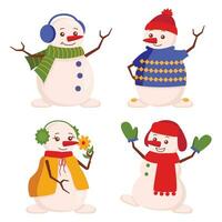 Set of different funny snow men. In hats, scarves, sweaters and mittens. Winter time. Vector graphic.