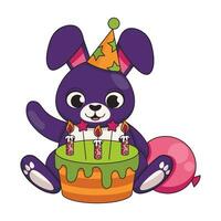 Cute rabbit in a festive cap with a cake and burning candles and a balloon. Happy birthday. Vector graphic.