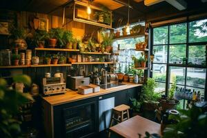 Inside clean kitchen of a modern restaurant or mini cafe with cooking utensils and small bar counter concept by AI Generated photo