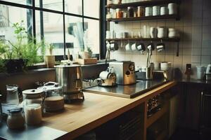 dentro limpiar cocina de un moderno restaurante o mini café con Cocinando utensilios y pequeño bar mostrador concepto por ai generado foto