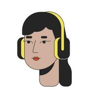 Modern indian girl wearing headphones 2D linear cartoon character head. Young woman listening to music isolated line vector person face white background. Female student color flat spot illustration