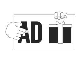 Click on advertising bw concept vector spot illustration. Ad fraud. Push on prize 2D cartoon flat line monochromatic object for web UI design. Cybercrime editable isolated outline hero image