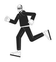 Man in mask running flat line black white vector character. Hacker. Editable outline full body person. Simple cartoon isolated spot illustration for web graphic design