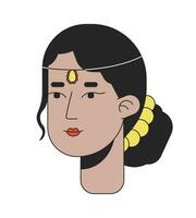 Adult indian woman with bun hairstyle 2D linear cartoon character head. South asian lady wearing jewelry isolated line vector person face white background. Wedding color flat spot illustration