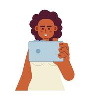 Joyful afro woman with smartphone semi flat color vector character. Watching video. Attractive female. Editable half body person on white. Simple cartoon spot illustration for web graphic design