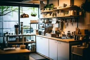 dentro limpiar cocina de un moderno restaurante o mini café con Cocinando utensilios y pequeño bar mostrador concepto por ai generado foto