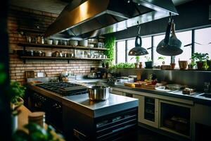 Inside clean kitchen of a modern restaurant or mini cafe with cooking utensils and small bar counter concept by AI Generated photo
